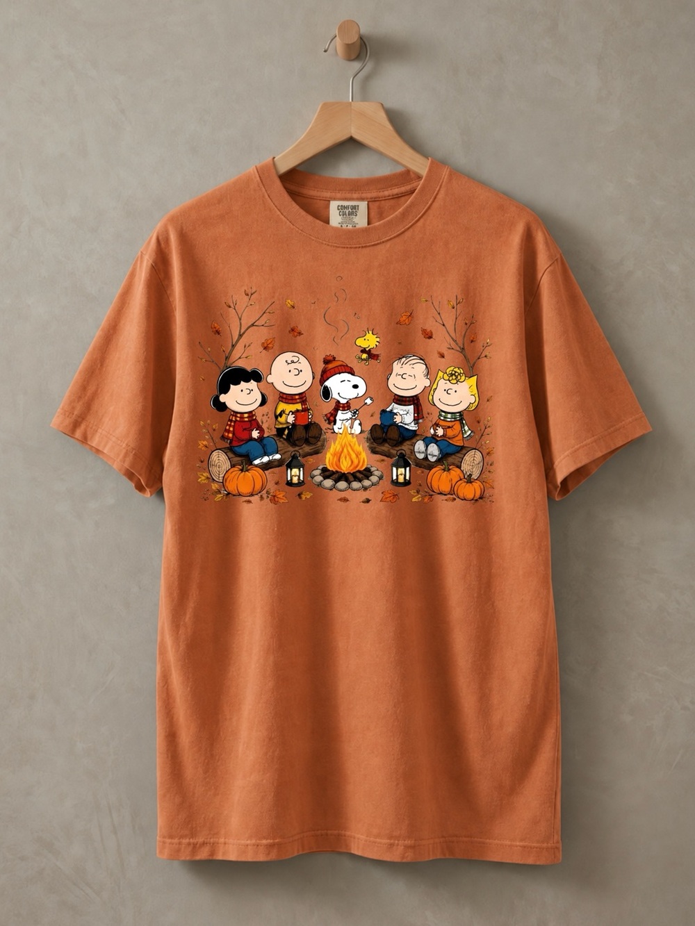 Peanuts Gang Snoopy Campfire Orange Cozy Fall Aesthetic Comfort Colors Tee